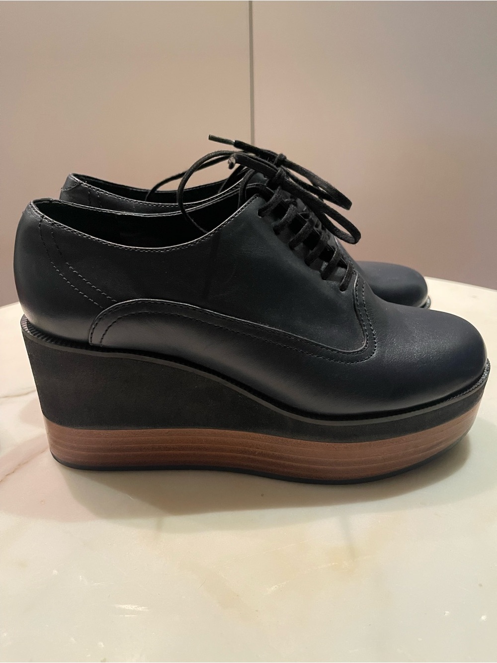 Jil Sander Black Leather Platform Lace-Up Oxfords with Brown Layered Sole
